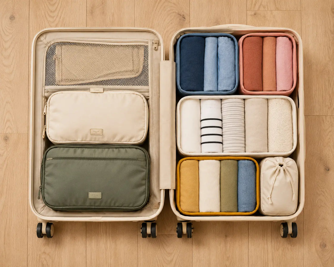 valise ouverte vue de dessus, vêtements roulés et rangés en cubes colorisés
