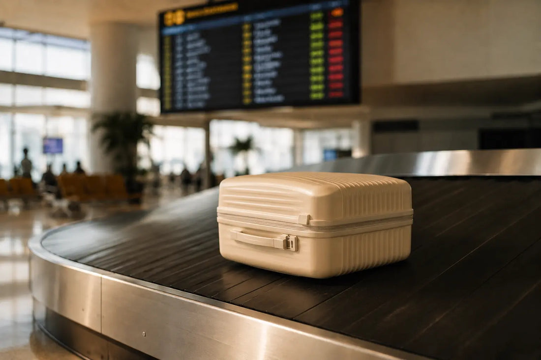 valise compacte sur un tapis roulant d'aéroport, panneau de départ flou en arrière-plan