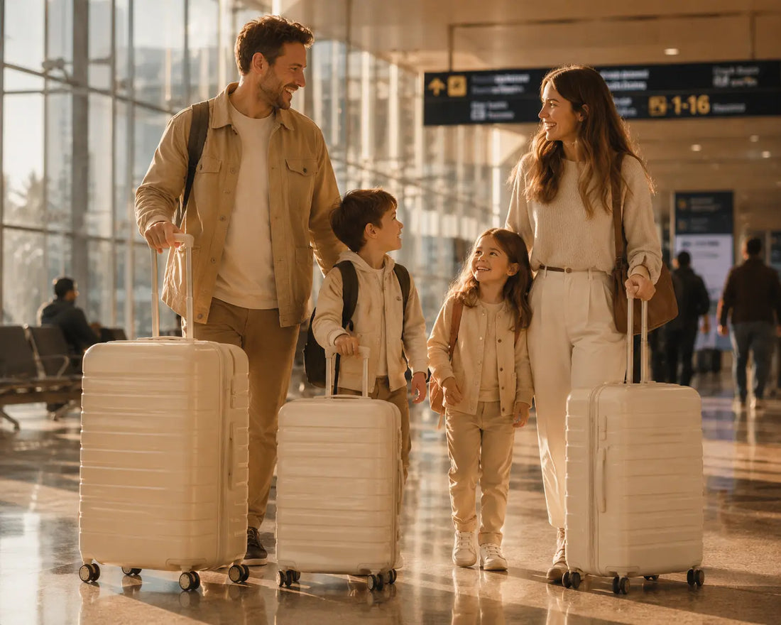 famille souriante à l'aéroport avec trois valises assorties, lumière dorée