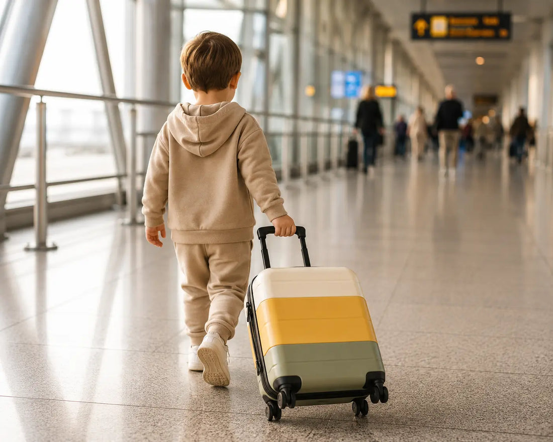 enfant tirant une petite valise colorée dans un couloir d'aéroport, vue de dos