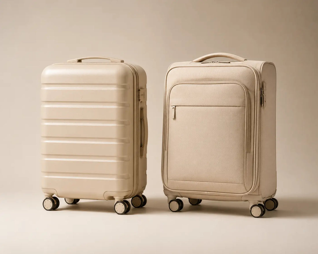 valise rigide et valise souple posées côte à côte, fond épuré, éclairage studio